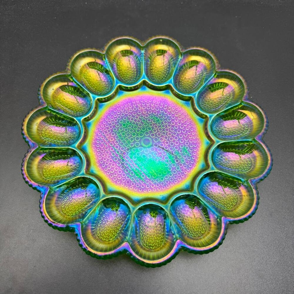 Indiana Glass Green Carnival Hobnail Iridescent Deviled Egg Plate Platter Vtg